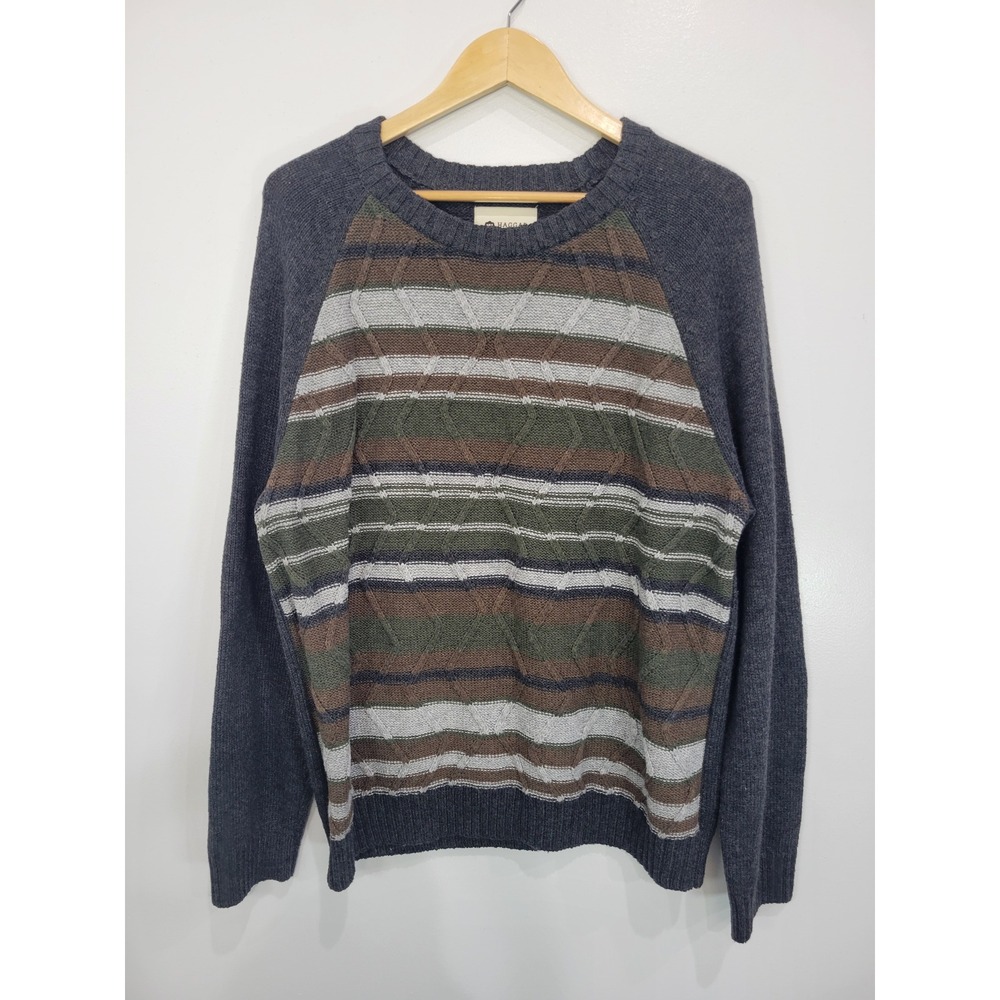 Haggar Men's XL Striped Cable Knit‎ Sweater Gray Olive Brown Crew Neck